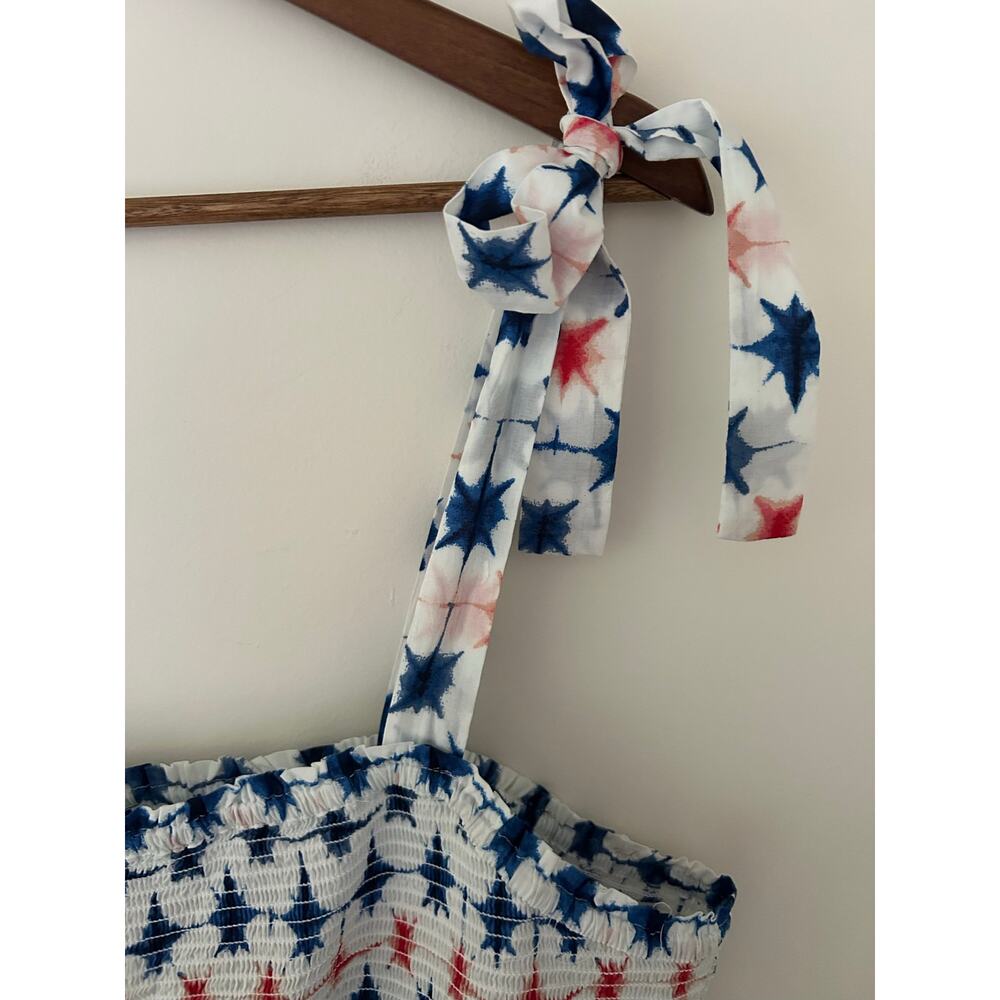 J Crew Red White Blue Maxi Tiered Smocked Tie Shoulder Dress Cotton Fireworks 2X - Picture 8 of 11